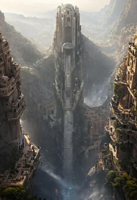 POV view , DOF,
(Ancient civilization, Alien Prometheus movie scene, dune movie scene:1.5), (The colonial city of the future, in the mist-filled Grand Canyon, on an unknown Earth-like planet, 2 moon on sky, Spaceship flight connects colonies, waterfulls:1.3), (Machu Picchu, a mountain settlement, incredibly spectacular:1.2), (Mario Botta:1.3), (avant-garde, future, reality, science fiction, photorealistic), (modern architecture:1.2), White limestone with black granite, fountain, waterfall, landmark, square, path, narrow street,
(Large Files, Ultra Realistic, 8K, 16k, FHD, HD, VFX, Perfect, Photography, composition, Architecture Sales Photography, Architecture Competition, Ultra High Resolution, Cinematography, High Resolution Image:1.1), (dramatic lighting, direct sunlight, ray tracing, clear shadow:1.2),  (real landscape:1.1), (blurred background:1.0), (urban background, more_details) ,
great lighting, clear, hillscastel, <stardeaf-cold-arc>, xtower, industrialbuilding
