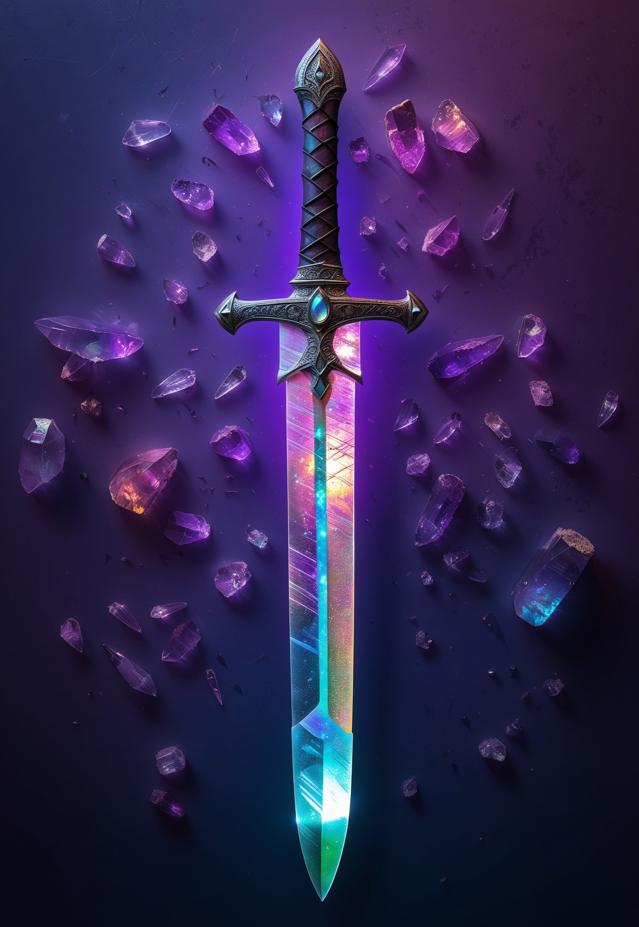 flu0rite, Iridescent sword made of fluorite mineral, shimmering blade, abstract background, floating glowing crystals, neon mist