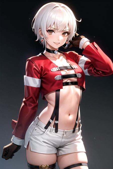 <lora:Yashiro-06:0.7>, yashirokof, 1girl, solo, looking at viewer, smile, short hair, simple background, thighhighs, gloves, long sleeves, navel, cleavage, brown eyes, jewelry, medium breasts, standing, jacket, white hair, heart, cowboy shot, earrings, parted lips, shorts, choker, midriff, black thighhighs, stomach, lips, crop top, short shorts, thigh strap, underboob, black choker, suspenders, black background, red jacket, brown gloves, white shorts