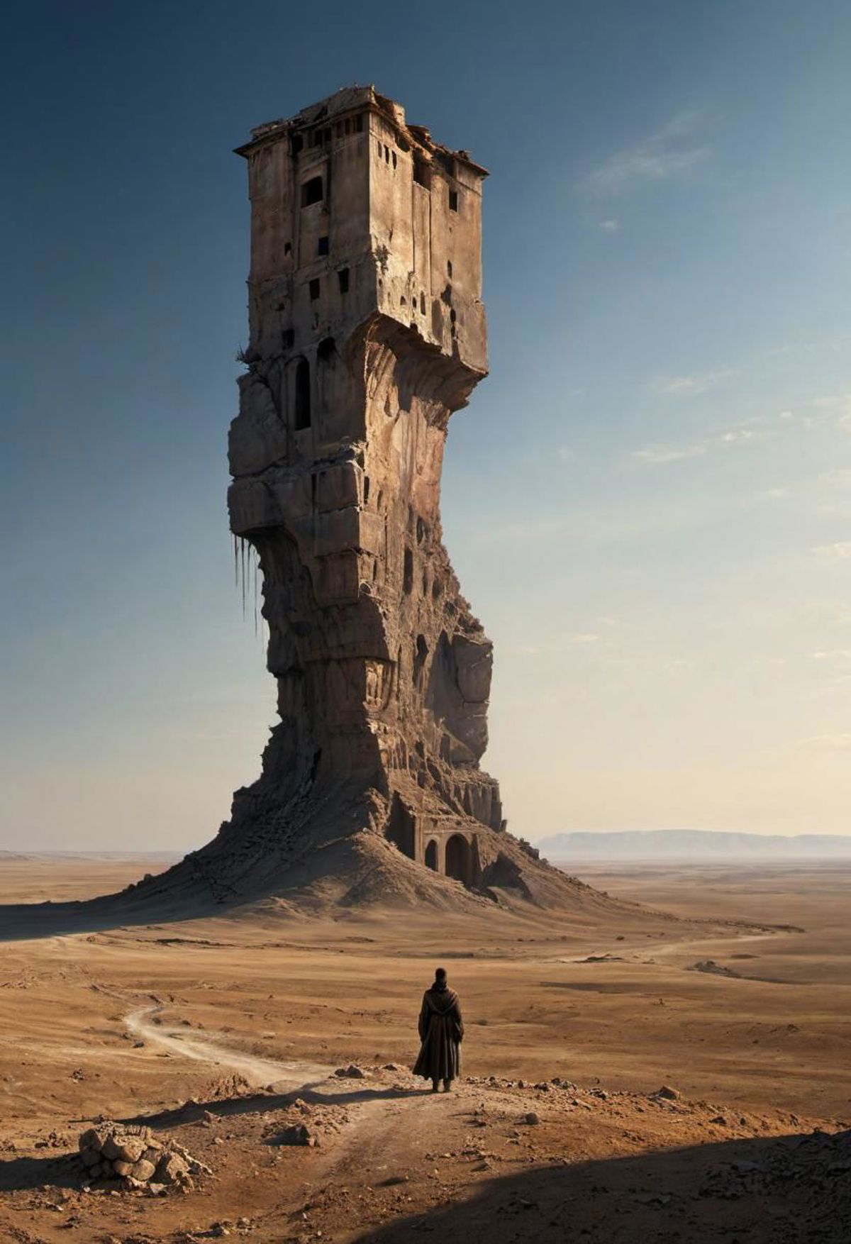 A person standing in front of a tall, crumbling tower in a desert.