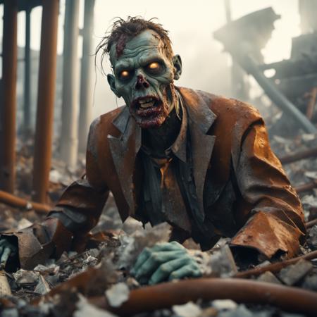 cinematic captivating photo of zombie at mcDonalds  made of las040 rubble, rusted metal pipes, wires, broken glass, bokeh, wide angle shot tilted off center, 4k, uhd, low light, foggy, sun rays,