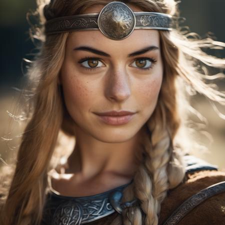 Portrait photograph of a beautiful and fierce viking shield maiden , Nikon Z9, looking at the camera, realistic matte skin, (highly detailed), ((skin texture)), (sharp focus), high-res
