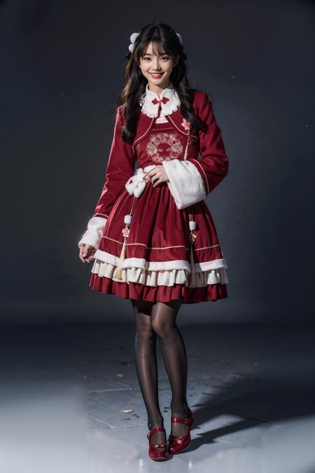 best quality, masterpiece, realistic, photorealistic, 1girl, solo, looking at viewer, grin, full body, standing, long black hair, bangs, cyb dress, chinese clothes, frilled dress, wide sleeves, long sleeves, white pantyhose, shoes, simple background, <lora:chinese_new_year_dress_style2_v1:0.7>