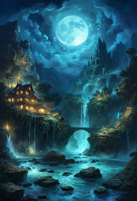 (by Ellen Jewett:1.5), (Bioluminescent Impressionism, , The Dreamland, Under the eerie glow of a blue crescent moon, a bright and wonderous landscape unfolds . A vibrant, and glowing brown lumenarium flying ship flies over a wonderful landscape of  great, yet lush canyones  with waterfalls.  Its black paint contrasts starkly with the wonderous atmosphere. In the background, more waterfalls cascades down jagged rocks,the water glistening in the moonlight. urithiru, tower city, up on a mountain,  Thick,s wirling clouds loom overhead,adding to the sense of a magical presence. The moonlight filters through the clouds,casting an otherworldly glow over the scene. The air is thick with mysticism,as if the very night holds ancient secrets and powerful magic.  [romantic impressionism,dream scenery art,beautiful oil matte painting,romantic,style of thomas kinkade,beautiful digital painting,anime landscape,romantic painting,dreamlike digital painting,colorful painting,beautiful gorgeous digital art,style of greg rutkowski,janek sedlar,jenny saville:0]  <lora:vivid_everclear:0.35>  <lora:Sinozick:0.35>  <lora:MJ52:0.35>, view from above,  biotech emotion:1.3) <lora:xl_more_art-full_v1:0.5> <lora:add-detail-xl:1> <lora:RMSDXL_Creative:2>