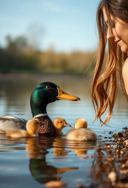 beautiful woman on the shore feeding a duck and her chicks in a pond in the morning, close up on face and duck