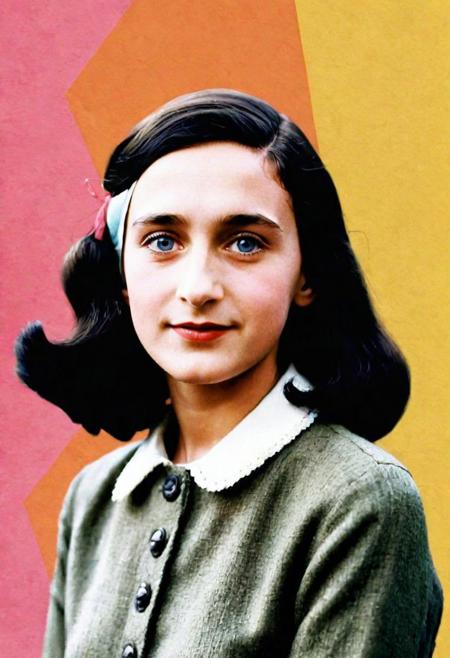 Generate a thoughtful and artistic sketch of Anne Frank with a mixed color palette. Capture the essence of her resilience and introspection, using a blend of subtle and expressive colors to convey depth and emotion. Place Anne Frank in a setting that complements the mixed color scheme, allowing the image to evoke a unique and artistic atmosphere. Pay attention to details such as her hair, facial features, and clothing, using a nuanced approac , high clarity,dynamic pose.