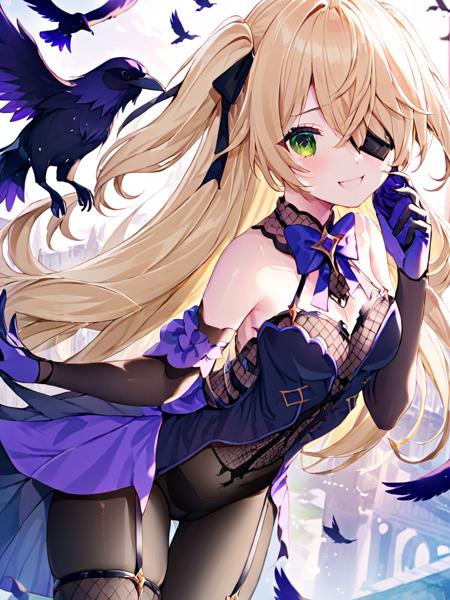 ultra-detailed,(best quality),((masterpiece)),(highres),original,extremely detailed 8K wallpaper,(an extremely delicate and beautiful),best_hand,anime,  <lora:feixieerx_xl:1>ï¼(\fei xie er\), (large crow,crow,bird,:1)1girl,smile,eyepatch, two side up, blonde hair,long hair, hair ornament,hair over one eye, green eyes,ribbon,bow,bowtie,bare shoulders, gloves,black pantyhose, garter straps,fishnet bodysuit,