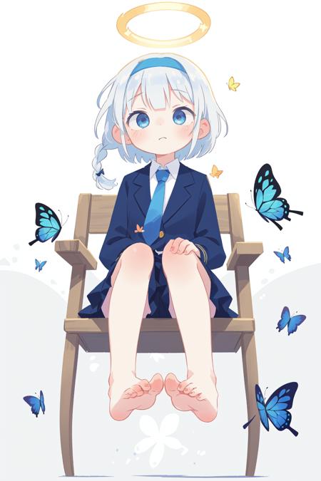 Masterpiece,best quality,top tier,1 girl,viewed from below (with feet focused),medium chest,hollow eyes,annoying face,sitting in a chair (with bare feet),
A simple background,
Arona (blue file ),arona,white hair band,butterfly tie hair band,halo,butterfly tie hair band,short hair,single braid,