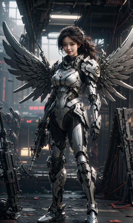 masterpiece,(bestquality),highlydetailed,ultra-detailed,1girl,(mechanicalwings:golden,glowingeyes:blue,silverarmor:1.2,elongatedears:0.8),(cyberpunkcity:1.5,weapon:energyblade),(fantasylandscape:1.2,natural lighting:1.5,confidentexpression),(panorama:1.2),mecha, smile,<lora:机甲少女:0.5>,angle,Angels, wings, <lora:天使V1:0.3>