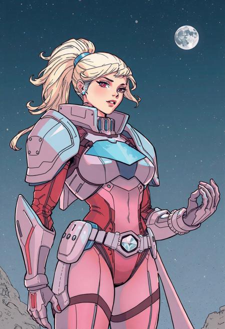 Moebius, French comic art, sci-fi anime, female superhero, space fantasy, cosmic design, futuristic armor, dreamlike atmosphere, intergalactic warrior, clean and elegant character design