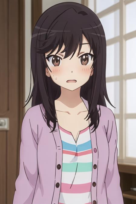 best quality, masterpiece, highres, solo, {ichijou_hotaru_nonnonbiyori:1.15}, black_hair, long_hair, brown_eyes, blush, brown_hair, 1girl, shirt, striped, striped_shirt, anime_coloring, bangs, collarbone, open_mouth, upper_body, cardigan