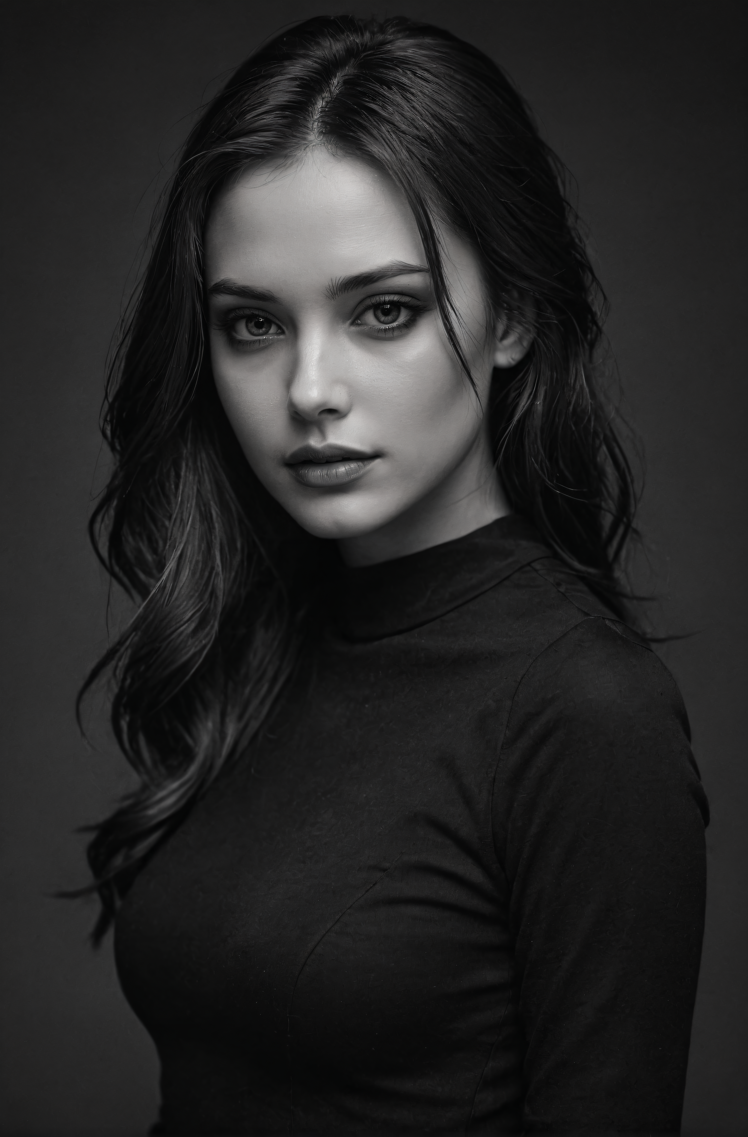 1girl, beautiful, smooth skin, greyscale, noir, black clothes, portrait