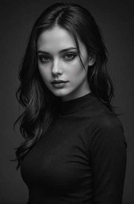 1girl, beautiful, smooth skin, greyscale, noir, black clothes, portrait