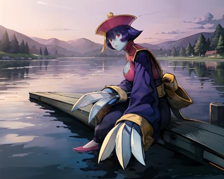 (perfect face), (beautiful face), hsien-ko holding a fishing pole sitting on a dock by a lake <lora:Hsien-Ko:1>