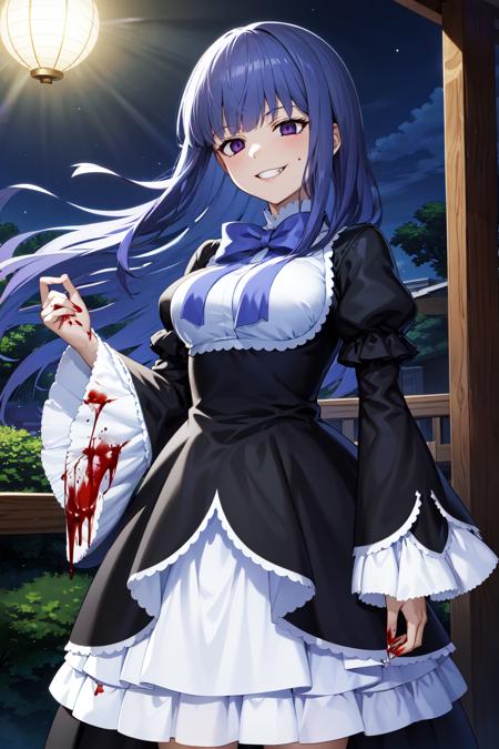 aabern, long hair, blue hair, blunt bangs, purple eyes, bowtie, frills, black dress, puffy sleeves, short over long sleeves, long sleeves