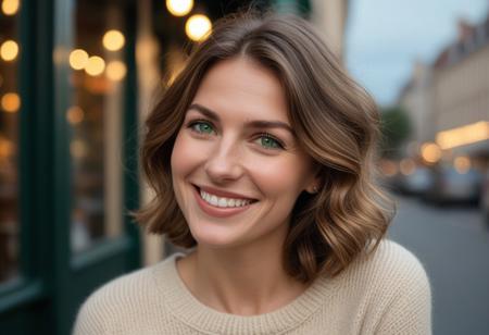 *A meticulously detailed, hyper-realistic portrait of Olivia, 35 years old, slender oval face,with softly contoured features, straight narrow nose with a gentle slopewith sun-kissed skin, bright green eyes, and a radiant smile. Her wavy, very short-length light brown hair is casually tousled,. Extremely natural skin texture, subtle wrinkles, subtle laugh lines. Her skin is natural, with subtle imperfections that enhance realism and a warm, genuine smile that reveals slightly perfect teeth.*     
The background is a cozy urban café with warm string lights and a blurred cityscape at dusk. Shot with a Hasselblad H6D-100c medium-format camera, using a tight crop and shallow depth of field (f/2.8) to emphasize the fine details of her beige woolen sweater and natural skin texture. The lighting is warm and diffused, casting a golden glow reminiscent of a Thomas Kinkade painting.*