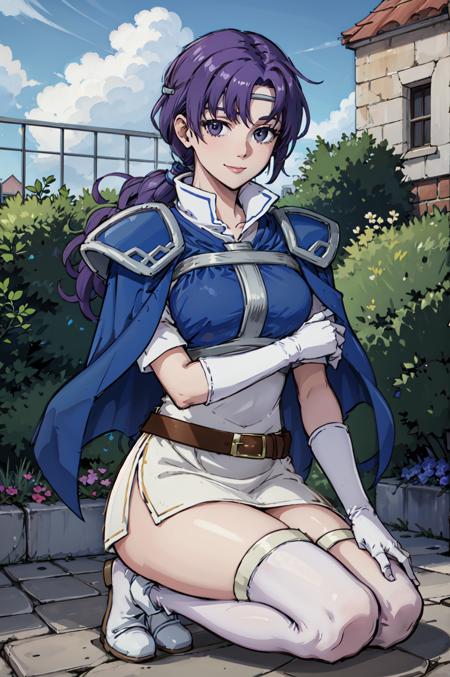 seductive smile,Kneeling with one hand on the thigh,head_out_of_frame,<lora:junoV2:0.8>,juno,zettai ryouiki,thigh boots, shoulder armor,white short dress,  breastplate, belt, elbow gloves, pauldrons, blue cape, white footwear,looking at viewer, short sleeves, shoulder pads, white skirt, circlet, white thighhighs,outdoors,garden,(masterpiece, best quality, ultra-detailed, best shadow)