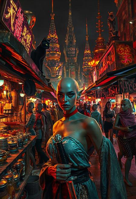 Setting is an extraterrestrial alien street market at night in a city of an extremely advanced extraterrestrial civilization, ((all writing is in an alien script)), ((all lighting is exotic and of an extremely advanced technology.,  the market is comprised of street vendors selling food, exotic technological wonders, and alien EXOTIC sexy clothing made from colorful iridescent fabrics. (((The many alien beings in view have a variety of appearances some are human-like, others are insectoid or feline or canine or reptilian, they are wearing a variety of clothing are walking through the street market shopping and eating))), A black cat with red collar sits on a nearby wooden roof at a market kiosk. Behind the a kiosk counter are containers of exotic goods, (((a beautiful woman with exotic features, 24 years old, is standing in the foreground facing the viewer with a her hand on the grip of a sword hanging from her belt. Her eyes are detailed and have the luminescence of fiery beautiful jewels focused on the viewer, she has an expression of interested curiosity))), the being is dressed in exotic style clothing of a completely exotic aesthetic. Enormous metallic statues and temples are visible in the background and around the scene and smaller statues are prevalent in the market, Epic image that elicits a feeling of wonder and awe, (((many types of aliens are walking around the market))),
