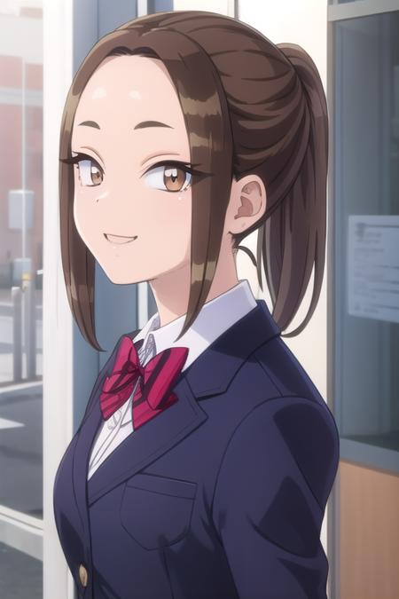 Onemine Nene long hair,brown hair,ponytail,sidelocks,forehead,brown eyes school uniform,blue jacket,blazer,collared shirt,white shirt,red bowtie,striped bowtie,diagonal-striped bow,medium breasts,skindentation,long sleeves,red skirt,pleated skirt,striped skirt,black socks,loafers