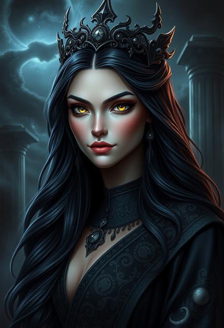 A dark goddess with a haughty yet exquisitely beautiful face, perfectly symmetrical features, piercing cold glowing eyes, delicate arched brows, and a slight arrogant smile. Her hair is long, flowing, dark with hints of purple or deep blue, adorned with an elegant yet ominous diadem. She wears luxurious dark robes with intricate patterns and celestial motifs. Background: a gloomy temple or a stormy night sky. Dramatic lighting highlights her figure. Style: dark fantasy, highly detailed, with elegant and beautiful facial features
