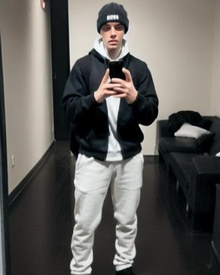 <lora:pinfashion:1> pinfashion black hoodie, white sweatpants, selfie