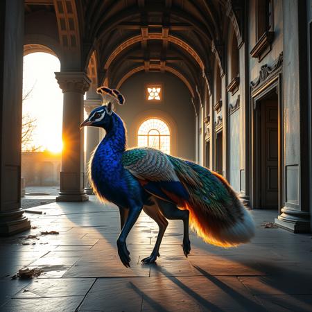 aidmaimageupgrader a peacock-fox hybrid with iridescent feathers and a fluffy tail, strutting gracefully through the halls of an ancient, abandoned palace, the light of the setting sun casting rainbow reflections across the walls.