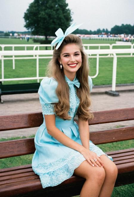 raw photo,full body, 1girl, 25 y.o. , 80's, girl at the races, , luxuriously dressed, 
sitting on a bench, smiling