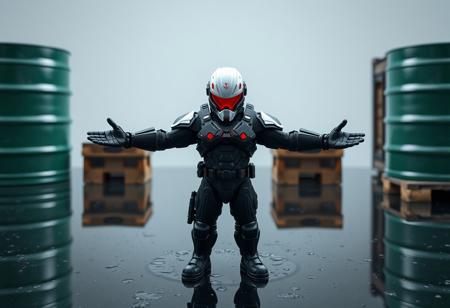 A highly detailed Cyber Soldier figurine, clad in black and red armor with a sharp white helmet and luminous red visor, stands centered, arms dramatically outstretched. Positioned on a reflective acid rain surface, framed by a green barrel and brown crate, creating a dynamic still life composition. Facing viewer. Rendered in octane render, unreal engine 5. Cinematic lighting, impeccable composition, golden ratio, 4k, hyperdetailed, trending on artstation and cgsociety.