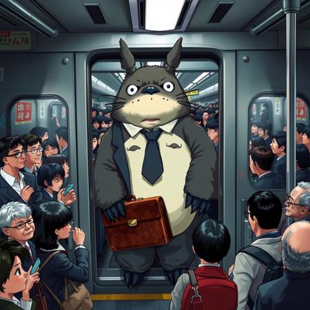 From the bustling platform of a Tokyo Metro station, a weary Totoro is visible through the open doors of an overcrowded train, facing outward. His fur is slightly matted and sagging from exhaustion, his expression softened by fatigue after a long day. He wears a disheveled Japanese salaryman suit—dark blue fabric wrinkled, white shirt untucked and crumpled, tie hanging crooked with a missing jacket button. His large, clawed paws clutch a scuffed leather briefcase, worn from years of use. Inside the train, passengers are jammed together—salarymen in stiff suits, students in crisp uniforms, and office workers gripping straps or phones—pressed shoulder-to-shoulder under harsh fluorescent lights. The air hums with muffled chatter and the distant screech of rails. Outside, a chaotic crowd of commuters surges toward the open doors, elbows jostling and briefcases swinging as they try to squeeze into the already packed carriage. A few platform onlookers—a young woman with wide eyes, an elderly man with a furrowed brow, and a small child in a bright red coat pointing excitedly—stare at Totoro in surprise, their faces caught in the station’s dim glow. Totoro, despite his weariness, offers a gentle, lopsided smile to the pointing child, his round eyes crinkling warmly. Beyond the train, the station’s tiled walls are plastered with colorful ads, and a digital clock overhead ticks forward, while the distant rumble of another train echoes through the underground.