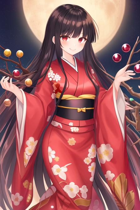 masterpiece, best quality, highres, solo, {houraisan_kaguya_touhou:1.10}, long_hair, black_hair, very_long_hair, bow, smile, bangs, hime_cut, red_eyes, brown_eyes, 1girl, branch, jeweled_branch_of_hourai, japanese_clothes