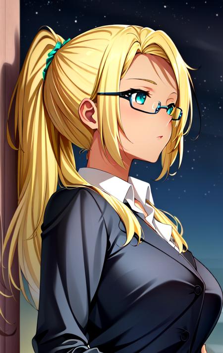 (extremely detailed CG unity 4k wallpaper),(masterpiece),(best quality),(ultra-detailed),(best illustration),(best shadow),(absurdres),(detailed background), <lora:OGT_Ashe-v2:0.8> Ashe, 1girl, solo, blonde hair, glasses, long hair, ponytail, dark skin, green eyes, dark-skinned female, outdoors, night sky