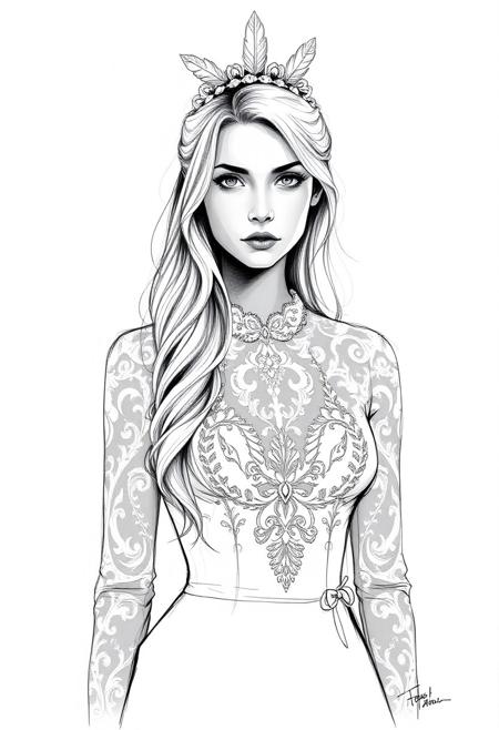 The image is a black and white portrait of a young woman with long blonde hair. She is wearing a white wedding dress with a high neckline and long sleeves. The dress is made of lace and has intricate beading and embroidery on the bodice. The woman is also wearing a tiara with feathers on top of her head. She has a serious expression on her face and is looking directly at the camera. The background is a plain grey color. The overall mood of the image is elegant and romantic.
<lora:FLUX-daubrez-DB4RZ-v2:0.35> DB4RZ, DB4RZ style painting <lora:illustration004:0.8> illustration004 chaotic expressive line-art scribbled and erratic strokes monochromatic black ink <lora:Scribble Portrait Drawing:0.35> Drawing <lora:aidmaMJ6.1_v0.5_3:0.35> aidmamj6.1, aidmamj6, mystcorbCE_style