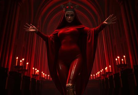 ((score_9, score_8_up, score_7_up)), (((character design, sci-fi warrior women, feminine power, perfect anatomy))), 
An enigmatic figure of a (occult)nun(caucasian), her red (skintight_sealed_bodysuit)habit sexy, conducting a sensual occult ritual inside a dark cathedral at (red)midnight. Her (eyeless)mask, elaborate crown, (fully)conceals her identity, adding to her mystique and allure. gold stiletto platform thigh boots, big breasts, tiny waist, flat abs, naughty, looking at viewer, seducing with her body, dancing towards viewer with her arms extending up, sexy ass seductive wide hips, butt cheeks, twerk, huge perky breasts, in the style of a vintage, high-contrast setting. Emphasize theatrical elements with a bit of bright colors against dark, moody backgrounds
,big butt, booty, bubble butt, <lora:add-detail-xl:2>