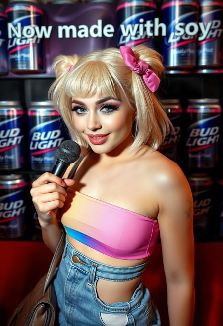 red carpet interview, closeup. a petite ultra-feminine 18yo caucasian trans-girl femboy, croptop, jean shorts,bookbag,clear unmarked skin,wide face,holding a clutch handbag,plump lips,pale,hair bow, blonde wig,energetic,flirty,talking into mic, excessive makeup,leaning forward,giggling,sedentary,healthy skin,very big cheeks,high cheeks,soft body.backdrop bud light trans-pride flag themed special edition cans.Banner text "Now made with soy". photo, 30mm,film grain