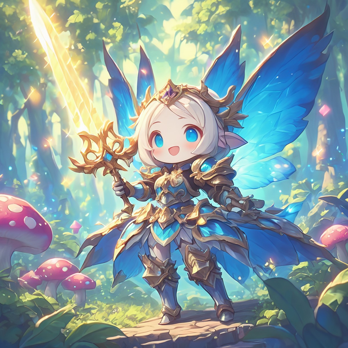 a super cute female  chibi knight fairy, beautiful fairy wings, colorful, wearing armor, wielding a glowing sword, magical...