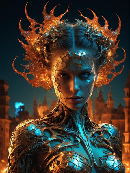 burning heroine, fantasy concept art, night scenery, fractal cracked surface, bokeh, (mixed styles by Alberto Seveso and Gediminas Pranckevicius and Wadim Kashin:1.2), breathtaking intricate details, dramatic natural lighting, reflective catchlights, cinematic, brilliant, sharp focus, fantastical and mysterious, maximalist masterwork by head of prompt engineering , hyperkraximalism <lora:hyperkraximalism:0.3>