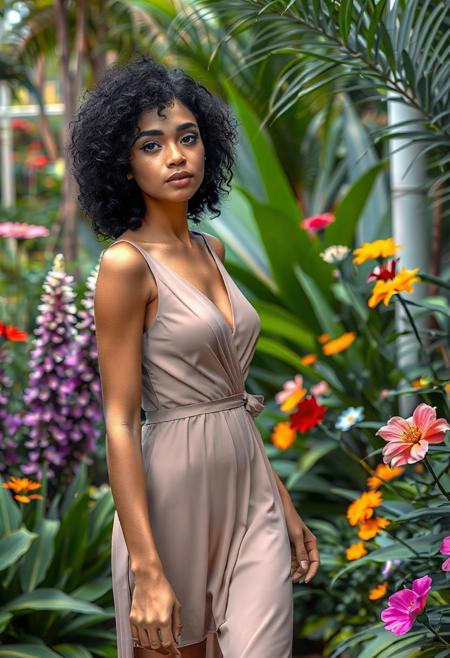 A photorealistic image of a AI 29-year-old American model girl with black curly hair, wearing an elegant dress, walking through a botanical garden with lush green plants and colorful flowers.