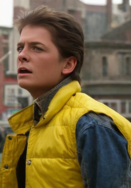 <lora:mrtmcfl_v3.1:1> mrtmcfl, a young man cosplay marty mcfly 1980s in a yellow protection suit