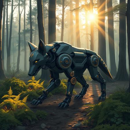 A fantasy illustration of a robot shaped like a wolf, made of iron with gold details. It is walking in a forest, its head close to the ground as if tracking a scent. The morning sun casts warm light rays through the treetops. The forest floor is filled with fallen leaves, ferns, and bushes.
