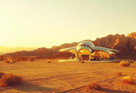 avant-garde, retro futurism , gold and chrome, daylight, california desert, 1970s, robert T, techno style
