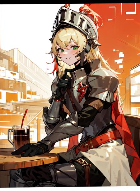 (masterpiece, best quality, ultra-detailed, highres, illustration:1.1),original,extremely detailed wallpaper,official art,nice hands,perfect hands,cafe,hoding cup ,cup,cup of coffee,sitting on table,sitting,cafe table ,drinking shop ,from side,<lyco:envybetterhandsLocon_beta2:1>, <lora:dumbface-10:1> ,dumbface ,upper body,1girl, solo, looking at viewer, smile,blonde hair ,long hair,armor, green eyes, weapon, belt, sword, cape ,helmet ,gauntlets ,black gloves,