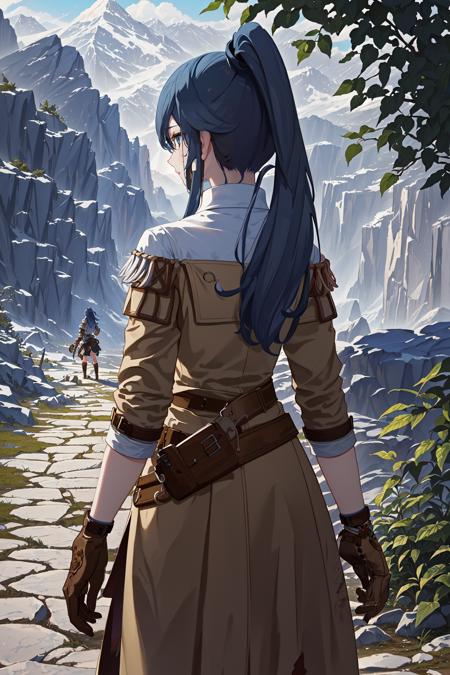 (masterpiece, top quality, best quality, official art, beautiful and aesthetic:1.2),extreme detailed,(fractal art:1.3), 1girl, solo,<lora:Fu Hua_Hawk of the Fog_v1.0:0.85>, Fu Hua(HoF), brown coat, white shirt, brown gloves, belt, from behind, ponytail, mountain, pathway, pool, muddy, tree, plant, cowboy shot,