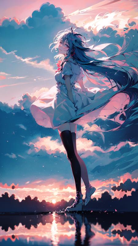 best quality, masterpiece, sunset, cloud, 1girl, long hair, sky, cloudy sky, thighhighs, horizon, solo, floating hair, gradient sky, outdoors, star, starry sky, blue hair, full body, standing, looking at viewer, background, <lora:LichtV1:0.8>, light and shadow, lighting, sunset, sky,