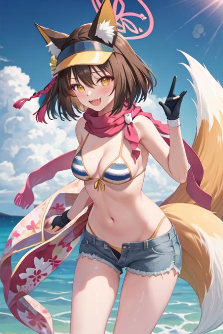 best quality, masterpiece, highres, solo, {izuna_bluearchive:1.15}, animal_ears, fox_ears, fox_girl, animal_ear_fluff, halo, brown_hair, bangs, short_hair, yellow_eyes, hair_ornament, smile, open_mouth, blush, fang, fox_tail, tail, hair_between_eyes, breasts, serafuku, 1girl, :d, bare_arms, bare_shoulders, bikini, day, denim, denim_shorts, fox_shadow_puppet, looking_at_viewer, micro_shorts, navel, outdoors, scarf, short_shorts, shorts, stomach, string_bikini, striped, striped_bikini, swimsuit, visor_cap, cloud, cutoffs, front-tie_top, sky, small_breasts, blue_sky, flower