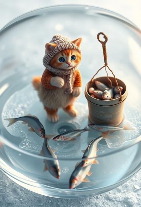 "Create a whimsical and realistic digital artwork featuring a miniature scene of an adorable cat dressed in warm winter clothing, standing on a thin layer of ice with the water visible from below. The cat should be rendered in exquisite detail, with visible texture and subtle shading that captures the softness of its fur and the warmth of its winter clothing. The ice should be transparent, with visible ripples and bubbles that capture the movement of the water beneath. The bucket filled with freshly caught small fish should be next to the cat, with each fish rendered in intricate detail, complete with scales and fins. The cat should be standing in front of a small hole drilled in the ice, with its line and bait visible beneath the surface. Unbeknownst to the cat, a singular terrifying monster fish should be lurking in the deep, with long needle-like teeth and a menacing gaze fixed on the bait. The overall effect should be one of enchanting realism, as if the viewer could reach out and touch the clear bowl and feel the chill of the ice. The scene should be viewed from the side of the bowl, with a great view of everything going on in the miniature world." Highest-Quality, 4k, intricate details, visually stunning, Masterpiece