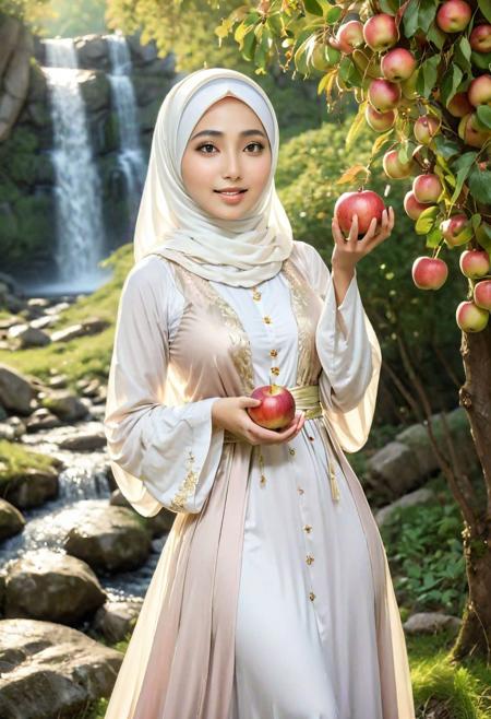 Imagination scenary, 1girl wear hijab long dress Picking apples from the tree, waterfall and fairy background, solo, bangs, blush, hand on own chest, jill stingray, long sleeves, looking at viewer, medium breasts, solo, upper body, princess like, vest, white shirt, art by mooncryptowow, Perfect Hands, eye catching, drab