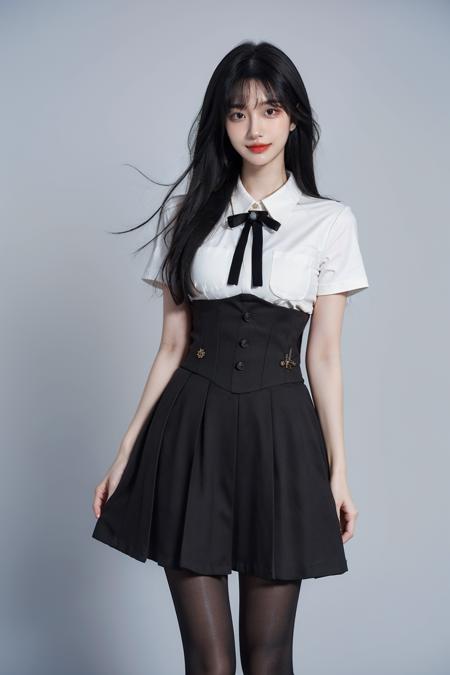 best quality, masterpiece, photorealistic, 1girl, solo, full body, standing, long black hair, straight hair, blunt bangs, looking at viewer, smile, cyb skirt, cyb shirt, high-waist skirt, black pantyhose, simple background, <lora:dating_attire_vol1_style6_v1:0.7>