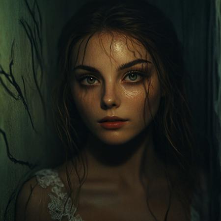 ((((novuschroma style a liminal room, eerie feeling))), in disrepair, (uperbody in view, face focus), a beautiful sad girl wearing a lace gown levitates in the middle of the room, glowing skin and hair, ((((her shadow on the wall form blurry horror figures, harsh spot light, contrasting shadows)))), black liquids pools on the floor , luminous old luma photo, grainy film effect, konica minolta zoom 60, grainy photo, <lora:116_novuschroma_1:1>, <lora:sdxl_lightning_8step_lora:1>