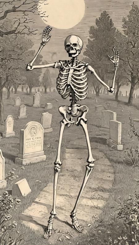 skeleton dancing in graveyard <lora:vntg-line-art-v2:1> vntg, line-art