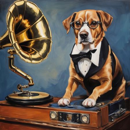 Oil painting, masterpiece, regal, fancy.  A well-dressed dog named Puproy Doggerson III wags his tail in delight while listening to a fun new jazz record on an exquisite phonograph.